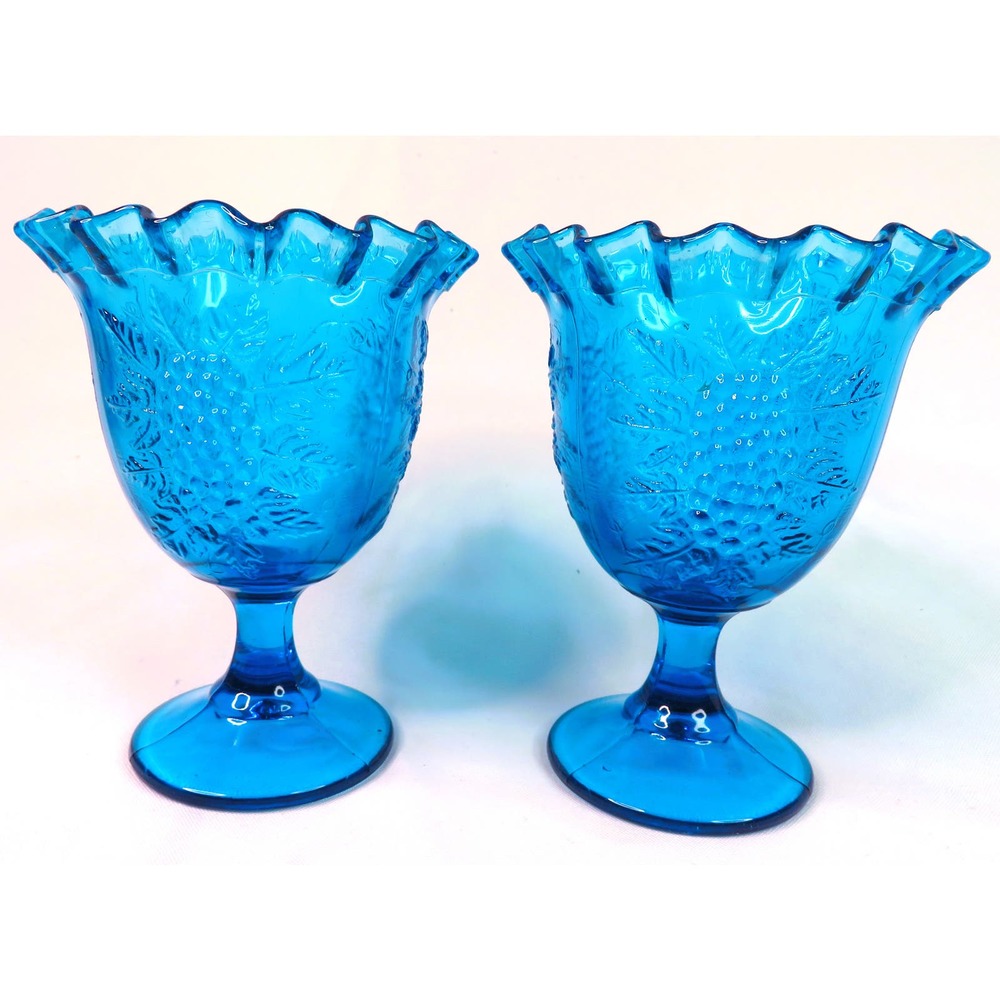 2 L.E. SMITH Blue Glass Grape Pattern Crimped Footed Compote Candy Dish